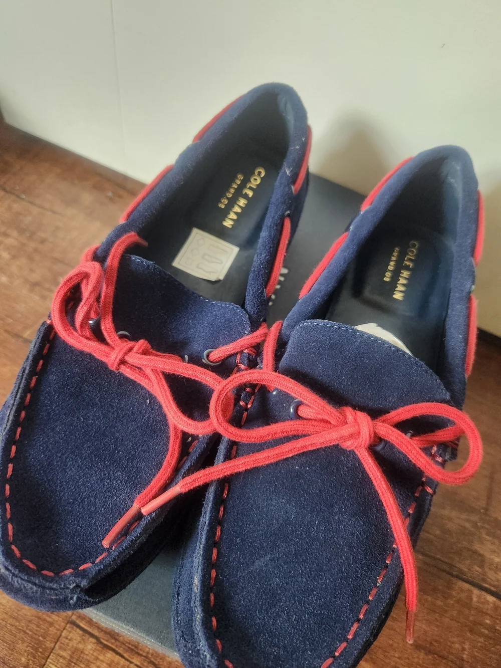 Cole Haan Navy Suede Moccasin Loafers with Red Laces